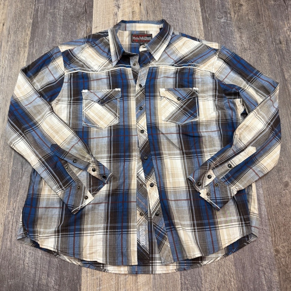 Rock & Roll Cowboy Western Shirt Mens XXL Blue Plaid Pearl Snap Long Sleeve
